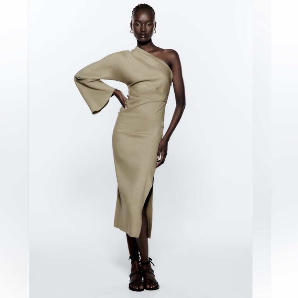 Zara Olive One-Shoulder Midi Dress